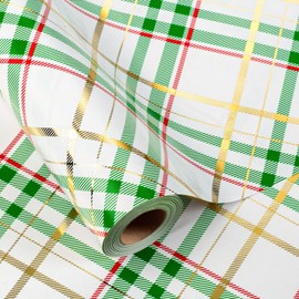 Garbendy Christmas Wrapping Paper - Mini Roll - 17 Inch X 32.8 Feet - Green Plaid With Gold Foil Patterns Design for Christmas, Holiday, Party, Birthday, Baby Shower