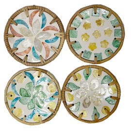 Seashell Drink Coasters - Set of 4 Round Colorful Shells Artistic Insulation Mat Handmade Woven Rattan Coasters for Various Cups Table Protector 10x10cm