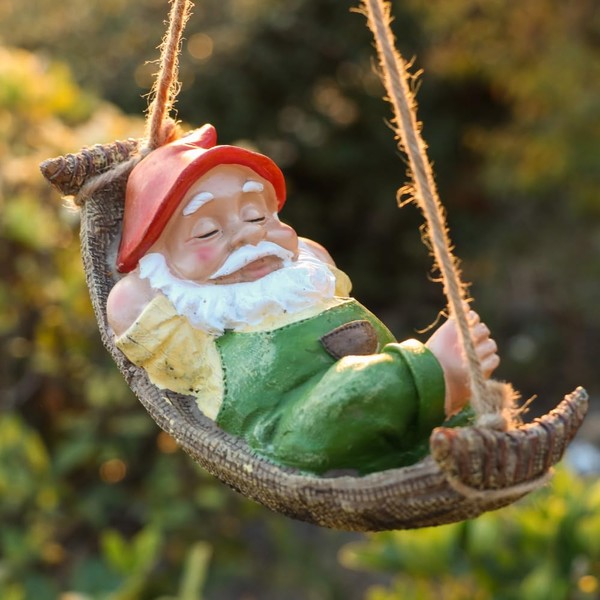 TERESA'S COLLECTIONS Hanging Gnome Garden Ornaments Outdoor for Tree Decor, Sleeping Gonks Outdoor Statues and Summer Decorations, Waterproof Resin Garden Gifts for Kids, 18cm