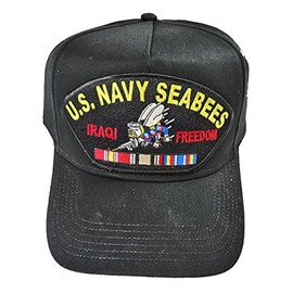 Hnp U.S. Navy Seabees Operation Iraqi Freedom HAT with BEE and Service Ribbons - Black - Veteran Family-Owned Business One Size