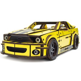 UNIDRAGON Models Wooden 3D-Puzzle - Muscle Car, Stallion GT Yellow, 248 pcs, 10"x8.3"x0.9", Wooden Construction Set, Best Gift for Adults and Kids, Muscle Сar