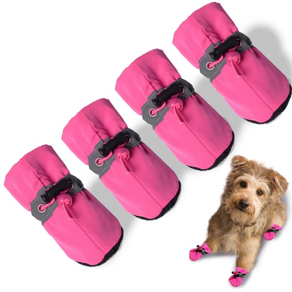 TEOZZO Dog Shoes Dog Boots & Paw Protector, Anti-Slip Sole Winter Dog Booties with Reflective Straps Dog Snow Boots for Small Medium Dogs 4PCS Pink 3