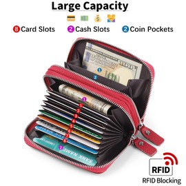 GOIACII Women's Credit Card Holder Leather RFID Protection Wallet with Zip and Many Compartments, Small and Short Format Wallet for Women, B02-red