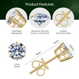 Dunnett Taylor Gold Plated Sterling Silver 1.0ct Moissanite Stud Earrings D VVS1 Round Solitaire 2.0ct CTTW per pair - 6 claws