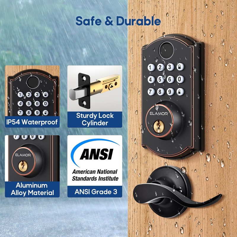 ELAMOR M19 Fingerprint Door Lock with 2 Lever Handles, Keyless