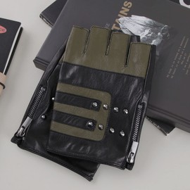 FIORETTO Mens Genuine Leather Fingerless Gloves Unlined Half Finger Punk Gloves for Driving Cycling Motorcycle ArmyGreen Large