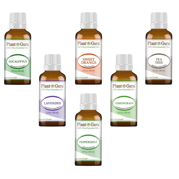 Essential Oil Set 6 - 30 ml. Therapeutic Grade 100% Pure Tea Tree, Lavender, Eucalyptus, Lemongrass, Peppermint & Sweet Orange. for Skin, Body and Aromatherapy Diffuser