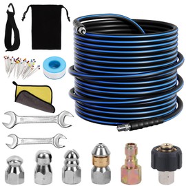 AMOPRO Sewer Jetter Kit for Pressure Washer, 5800PSI Drain Cleaner Hose 1/4 Inch NPT Corner Rotating and Button Nose Sewer Jetting Nozzle Spanner Watertight Tape Pearl Corsage Pin Handle Strap (100FT)