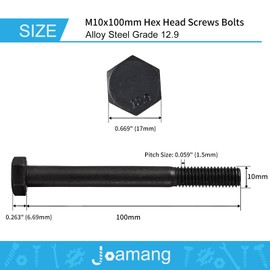 Joamang M10 x 100mm 6Pcs Hex Head Bolts, M10 x 1.5 Bolts, Hexagon Head Screws, 12.9 Grade Alloy Steel, Black Oxide Finish, Metric Machine Threaded, Half Thread