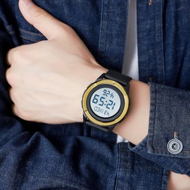 TONSHEN Men's Watch Sports Digital Waterproof Watch LED Electronic Countdown Double Time Alarm Plastic Watches, gold, Strap.