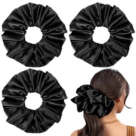 9.5 inch Silk Scrunchies Oversized Scrunchie Jumbo Scrunchies Giant Silk Scrunchie Extra Large Satin Thick Elastic Fluffy Hair Ties for Women and Girls 3 Pack (Black)