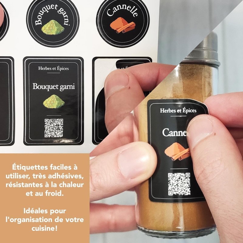 90 Etiquettes Epices Francais Noires, élégantes, imperméable, QR Code des
