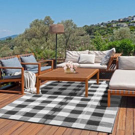 COZYLOOM Outdoor Rug Waterproof Patio Rug 9x12 Geometric Checkered Rug Champing Plastic Straw Rug Black and White Outdoor Rug Reversible Carpet for Rv Baclony Picnic Backyard Deck Porch Beach, Black