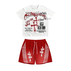 GORGLITTER Men's 2 Piece Cross Letter Graphic Tracksuit Short Sleeve Tee Top Drawstring Shorts Sets Red and White X-Large