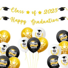Graduation Decorations Set with Calss of 2025 Banner with 15 Pcs Balloons, Happy Graduation Party Decorations 2025 Congratulations Garland Bunting for Prom Night Leaver Party Decorations Gold
