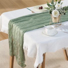 Sage Green Cheesecloth Table Runner 90x400cm,Sheer Boho Green Rustic Gauze Fabric Tablecloth for Wedding Table Decorations,Holiday Party,Baby Bridal Shower,Semi-Sheer Cheese Cloth Table Cover (Green)