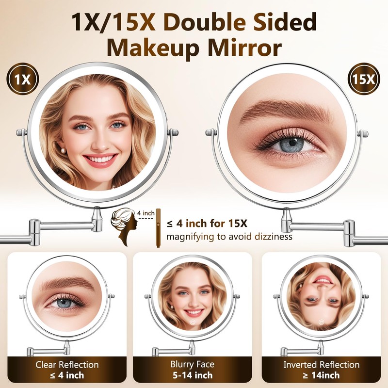 DECLUTTR Wall Mounted Lighted Makeup Mirror, Rechargeable 1X/15X Magnifying Mirror