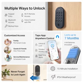 Tapo Smart Wi-Fi Deadbolt Door Lock – Keyless Tactile Buttons, Customized Access with in-App Monitoring, Auto-Lock, IP54 Weatherproof, BHMA Grade 3, Compatible with Standard Door Sizes, Tapo DL100