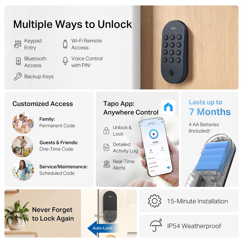Tapo Smart Wi-Fi Deadbolt Door Lock – Keyless Tactile Buttons,