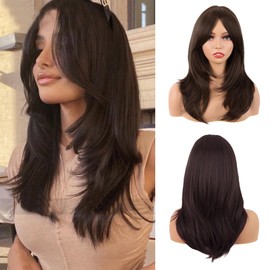 DAVBNM 20Inch Long Straight Brown Layered Synthetic Hair Wigs, Long Layered With Bangs Straight Synthetic fiber Shoulder Length Hair for Daily Use Party Wig, Ladies Fancy Dress Wig Synthetic Hair-Wigs