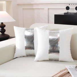 TAOSON Pack of 2 Velvet Decorative Throw Pillow Covers White Patchwork with Silver Striped Leather Pillow Covers 18 × 18 Inch Cushion Covers Decor Living Room Sofa Bedroom Car Only Cover No Insert