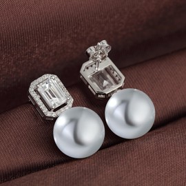 Jiahanzb 925 Sterling Silver Pearl Earrings for Women Cubic Zirconia Diamond Pearl Earrings Pearl Jewellery for Women, White/Light Grey/Dark Grey, Sterling Silver