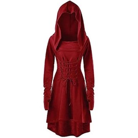 Womens Renaissance Costumes Hooded Robe Lace Up Vintage Pullover High Low Long Hoodie Dress (AU, Alpha, Large, Regular, Regular, Red)