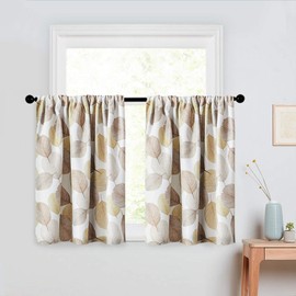 MRTREES Blackout Tier Curtain, Kitchen Tiers Short Cafe Curtains Rod Pocket, Taupe Leaves Printed Triple Weave Bathroom Small Window Panels Treatments Set for Basement(2 Panels, 34x36 Inches, Brown)
