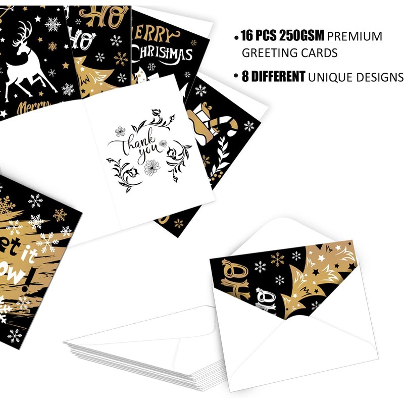 DERAYEE 16 Christmas Cards with White Envelope - 8 Different