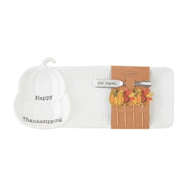 Mud Pie Pumpkin Hostess Set PLATTERS, tray 6 1/4" x 15" | spreader 5 1/2" | toothpick 3", WHITE