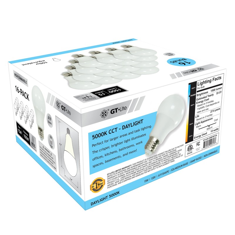 GT-Lite 16 Pack LED Light Bulbs,100 Watt Equivalent,15 Watt 5000K
