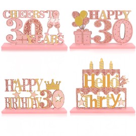 FASOTY 30th Birthday Centerpieces Decorations for Her 4 Pcs Pink Rose Gold 30th Birthday Wooden Table Topper Decor for 30th Women Birthday Party
