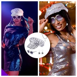 SDXCJY 4Pcs 70s Sequin Hat Silver Disco Hat for Adult Abba Accessories Women with Sequined Necklace Square Bling Sunglasses Disco Costume Set for Women Theme Party Birthday Dance. (silver)