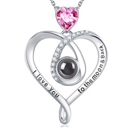 GinoMay Birthday Gifts for Women, Heart Necklace, I Love You 100 Languages, Garnet Amethyst Aquamarine Emerald Blue Sapphire Peridot Pink Stone Jewellery, January February Birthstones, 925 Silver, Stone Metal, Tourmaline