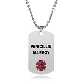TGLS Medical Alert Penicillin Allergy Necklaces for Mens Women Emergency First Aid Health Alert Engraved Dog Tag ID Pendant Necklace Stainless Steel Jewelry