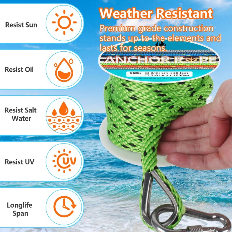 3/8 Inch 50 FT Anchor Rope, Boat Anchor Rope Solid
