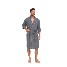 COLORFULLEAF Men's Bathrobe Made of 100% Cotton Lightweight Sauna Dressing Gown Men Travel Bathrobe Sauna Gown with Pocket, darkgray, L
