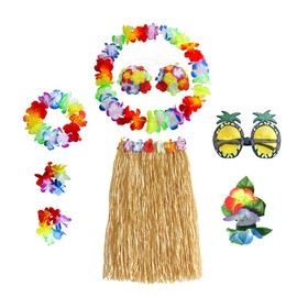 Hawaii Set, Hawaiian Hula Grass Skirt Set 8 Pieces Hawaiian Theme Party Costumes with Necklace Bracelets Headband Flower Bra Hair Clip and Pineapple Sunglasses for Girls Women Hawaiian Luau Beach Party