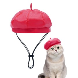 PET SHOW Dog Beret Hat for Small Dogs Cats Party Holiday Headband Cap French Leather Berets with Adjustable Chin Strap Cute Fashion Puppy Hats Pets Costumes Accessories(Red,S)