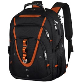 18.4 Laptop Backpack Women Men, 55L-60L Flight Approved Extra Large Travel Backpack RFID Anti Theft and TSA Friendly Backpack, Water Resistant College School Heavy Duty With USB Charging Port, Orange