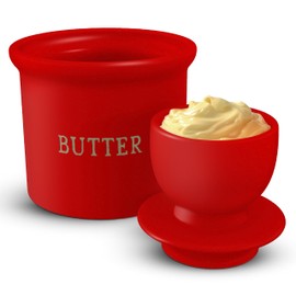 Kook Butter Crock with Lid, Soft Spreadable Butter, Ceramic French Butter Keeper to Leave On Counter with Water Line, Butter Dish, Home and Kitchen Decor, Perfect for Christmas Gift (Red)
