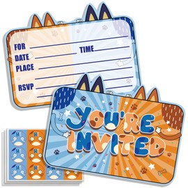 TYHJOY 24 Pcs Cartoon Dog Birthday Party Invitations with Envelopes and Stickers, Cartoon Blue Dog-themed Birthday Invitations Boys Girls for Puppy Birthday Party Decorations Supplies