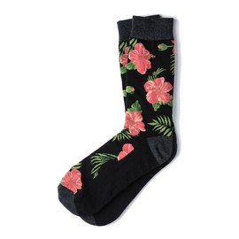 Men's Tropical Island Hibiscus Floral Flowers Crew Dress Socks (Black)