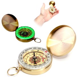 FISHTEC Magnetic Navigation Compass Gold - Gift Box, Phosphorescent, Pocket Watch Style, Mounting Ring, Dial 360°, Numbered, Diameter 5.5 cm, Brass Colour Gold