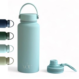 VOC Bluebell Matte Bottle 32oz - Thermal Bottle - Insulated Bottle - Stainless Steel Bottle - Insulated Water Bottle - Thermos. Includes two lids. Keeps heat and cold.. (Light Blue)
