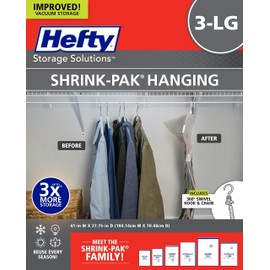 Hefty Shrink-Pak Vacuum Storage Bags - Space Saver for Under Bed Storage, Clothing and Comforters, 3X More Storage Space - 3 Large Hanging Bags