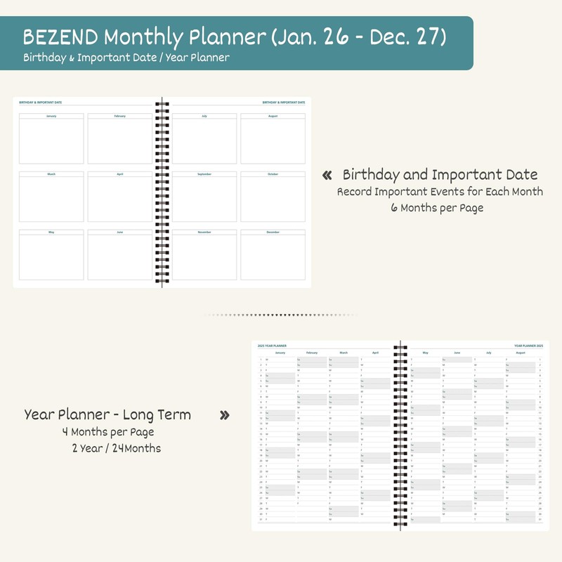 BEZEND Monthly Planner 2026-2027 (Spiral-8.5" x 11") 2 Year Calendar