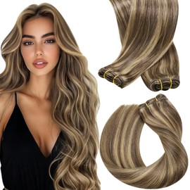 Sunny Hair Sew in Hair Extensions Real Human Hair Dark Brown with Caramel Blonde Highlights Weft Hair Extensions Human Hair Brown Sew in Extensions for Women 20inch 100g