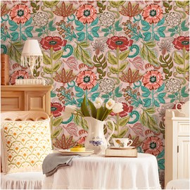 Floralplus Floral Wallpaper Peel and Stick Removable Vintage Floral Wallpaper for Bedroom Renter Friendly Boho Leaf Wallpapers Self Adhesive Contact Paper for Kitchen Cabinet 17.5 x 118 in