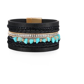 OutstandLong Women Turquoise Multi-Layer Leather Wrap Bracelet Stackable Wristband Braided Cuff Handmade Bangle Bracelet